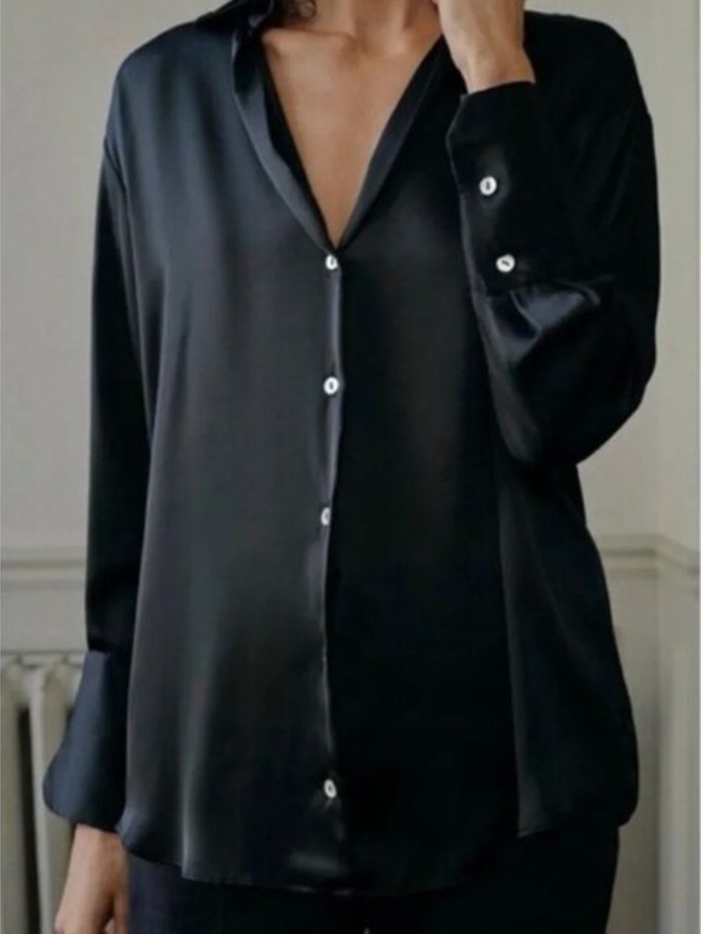 Zara Classic Black Satin Button-Up Women's Top